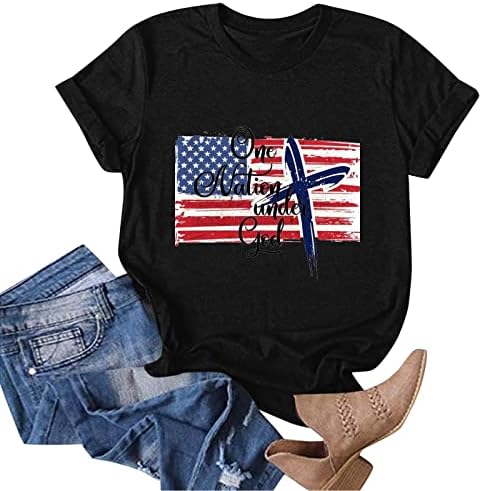 Womenените кратки 1/2 маички со ракави, американска starвезда печати лабава вклопени врвови маички со екипаж за одмор, обични маици ni