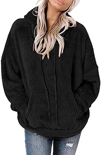 Женски нејасни дуксери цврсти шерпа руно пулвер џемпери преголеми меки џемпер со џебови топли врвови за облека за надворешни работи