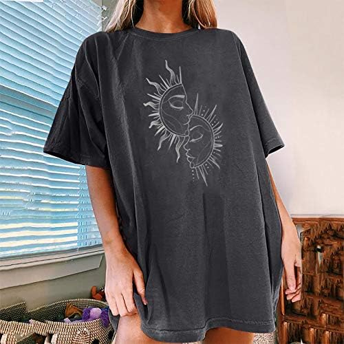 Женски летни врвови гроздобер сонце и месечина печатена шема обична блуза со краток ракав блуза плус големина на врвови за жени