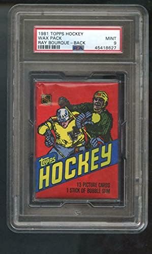 1981-82 Топс хокеј картичка Неотворена восочна пакет 5 Реј Бурк Шоу Оценета PSA 9 нане - Восок во хокеј восок