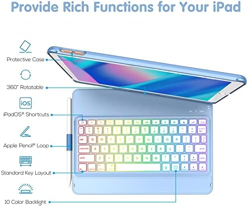 iPad 10.2 тастатура за тастатура за iPad 9th 2021/8th 2020/7 -ми 2019/Air 3/Pro 10.5, Тенок заштитен капак со држач за молив на Apple, тастатура