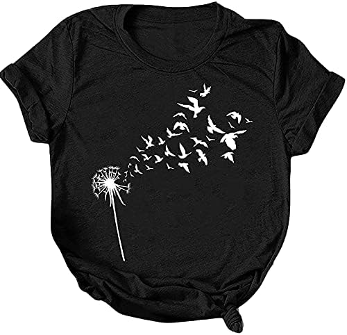 Женски графички маици летни глуварчиња печатени основни маички кошули случајни кратки ракави екипаж на вратот на вратот на врвот