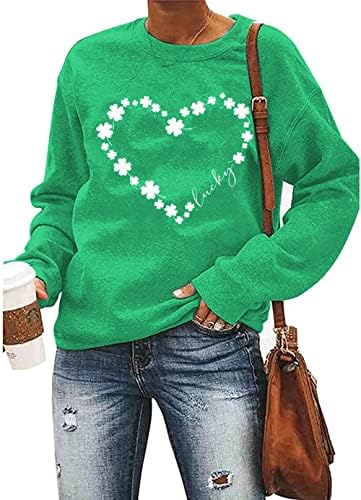 Ден на Ден Патрик, женска маичка Смешна шамарка, печатена детелина со долги ракави, случајно ирско писмо печатено графички пуловер