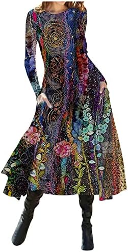 Пролетни фустани за жени во Сериу, кратки/долги ракави геометриски печатење, кои течат фустан со должина на коленото со џебови