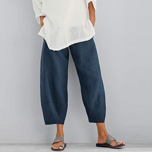Kcjgikpok исечени панталони, широко нозе со еластично-половини лабави погодни памучни постелнини капри панталони со џебови