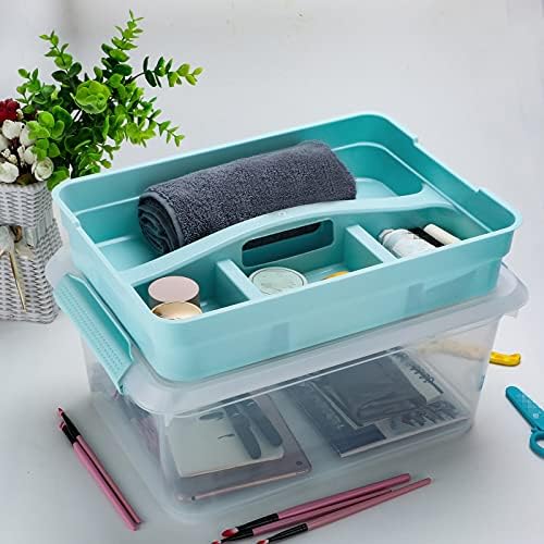 Btsky Stack & Carry Box, чиста пластична контејнер за складирање, стабилна кутија за домашни комунални услуги со отстранлива лента за складирање