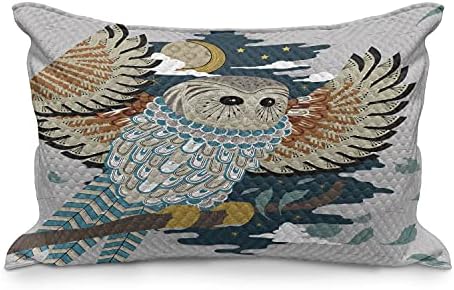 Ambesonne Owl Print Quilted Pemowcover, детални мотиви птици месечини, везда, Starry Night, Стандардна покривка за перница со големина