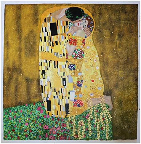 Бакнежот - Густав Климт рачно насликано масло за сликање, стил на уметност Нову, двојка што прегрнува на цветна ливада, дневна