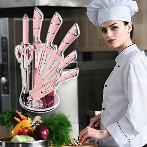 Yf-tow нож блок сет, кујнски нож поставен со штанд, 9 парчиња розови остар нож од не'рѓосувачки челик поставен со нож за готвачи,