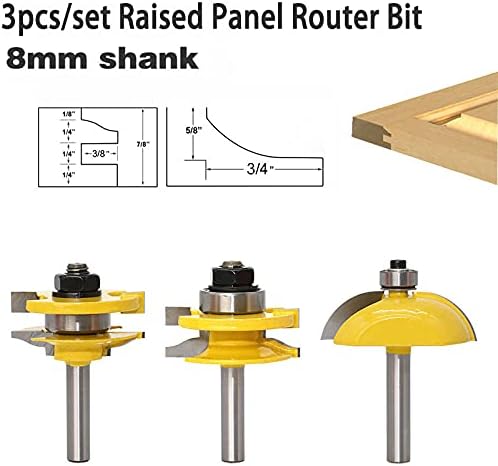 3 парчиња подигнат панел рутер за рутер на вратата од 8 мм, алатки за обработка на дрво, парчиња за зглобови на рутер за табела, фиоки или