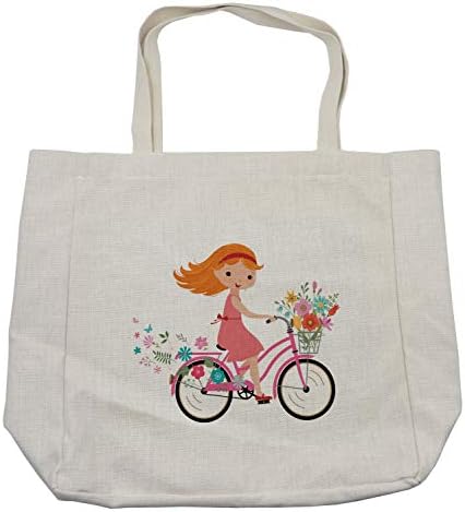 Торба за купување цвеќиња Амбесон, среќно девојче со куп цвеќиња возејќи велосипед велосипед детска активност, еколошка торба за еднократна
