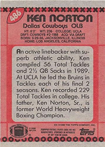 1990 Topps Одрекување на фудбалот 486 Кен Нортон РЦ Дебитант картичка Далас Каубои Официјална трговска картичка во НФЛ од компанијата