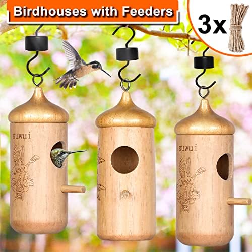 Дрвени куќи за колибри за надвор, природно дрво што потпевнува птици куќа со фидер за виси на отворено, подароци за гнездо на птици