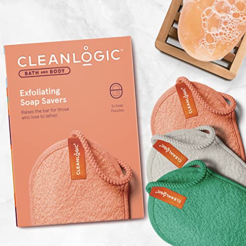 Cleanlogic Bath & Body Exfoliating Soap Saip, Exfoliator Sclubber торбичка, дневна рутина за нега на кожата за мазна чиста кожа, разновидни бои, 3 пакет за броење вредност
