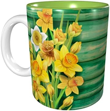 Жолти дафодили цвеќиња кафе чаши од 11 мл керамика кригла за канцеларија и чај чај од чај од дома внатре зелена