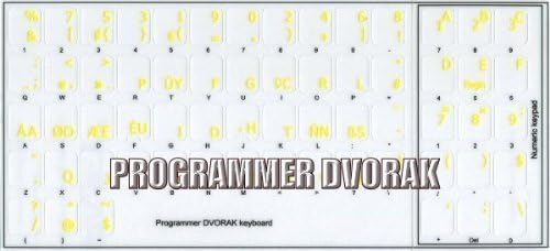 Распоред на етикети со тастатура на програмер Дворак со жолто букви на транспарентна позадина