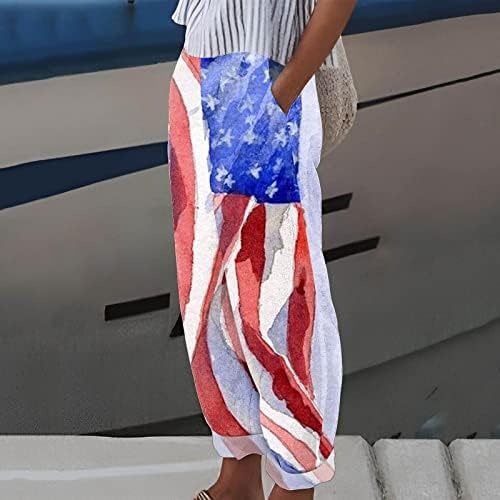 Панталони МИАШУИ Поставени За Жени Обични Женски Денот На Независноста Американско Знаме Отпечатоци Панталони Широки Еластични Половината