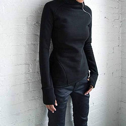 Womenените Turtleneck Side Zipper Долг ракав пулвер џемпер на врвови на врвови на врвови со цврста блуза со голема големина на врвот
