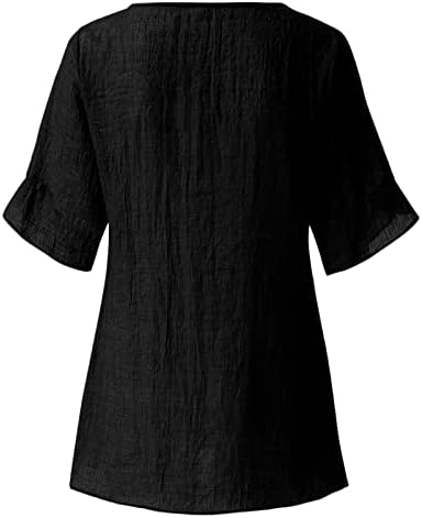 Anhoo omeенски женски обични блузи со кратки ракави со кратки ракави v вратот опуштено вклопено средновековно есенско летно блузи