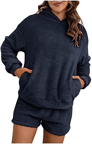 Панталони костуми за женски женски џемпер со две парчиња во боја со долг ракав Зимски плишани џемпери со качулка плетење