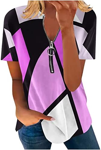 Модни женски v вратот на вратот кратки ракави врвови обични летни геометриски лабави маички маички врвни
