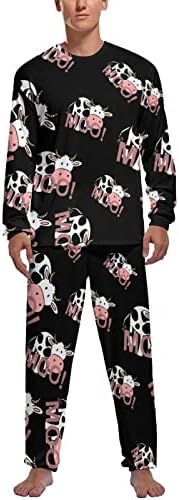 Симпатична крава машка пижама постави долги ракави пулвер за спиење, мека лажот сет PJS за домашно патување