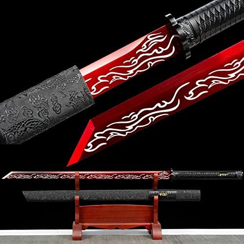 Меч на мечот LQHS Кинески меч Танг, фалсификуван црвен пламен високо манган челик сечило, фитинзи за црна легура, целосна танг, подготвена