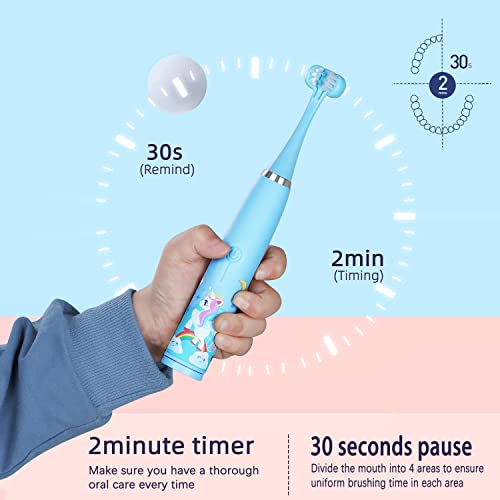 Sunartec Детска четка за заби, шестстрана внатре и надворешно чистење на четки за заби што може да се наполни со тајмер и 2 глави за