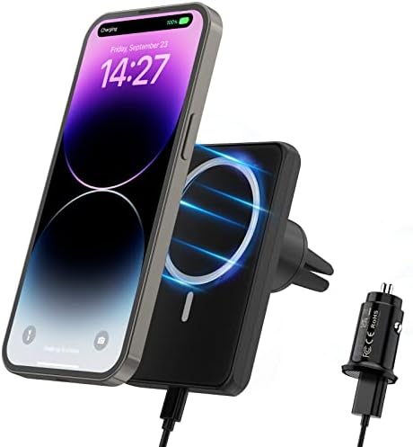 Magneek Magnetic безжичен полнач за автомобили, компатибилен со Mag-Safe Car Mount Charger за iPhone 14/13/12 серија, монтирање на држач за