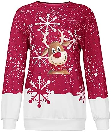 Icodod женски врвови Божиќно печатено руно пуловер врвови екипаж, џемпер за долги ракави, џемпер за жени