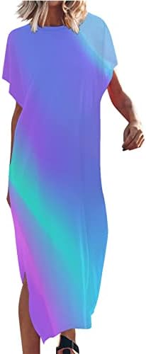 Летен обичен макси фустан за жени лабава удобна кратка ракав Сплит трендовски фустани вратоврска боја боја блок на плажа фустан