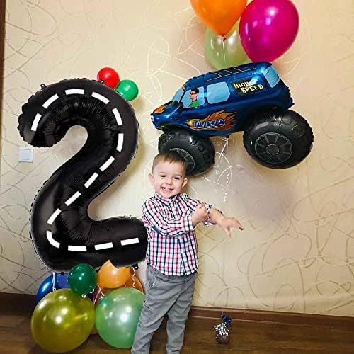 Балони со тркачки автомобили број 2; 40 инчи големи мирални фолија за трки број 2 балони црни 2 -ри роденденски балони за момчиња со