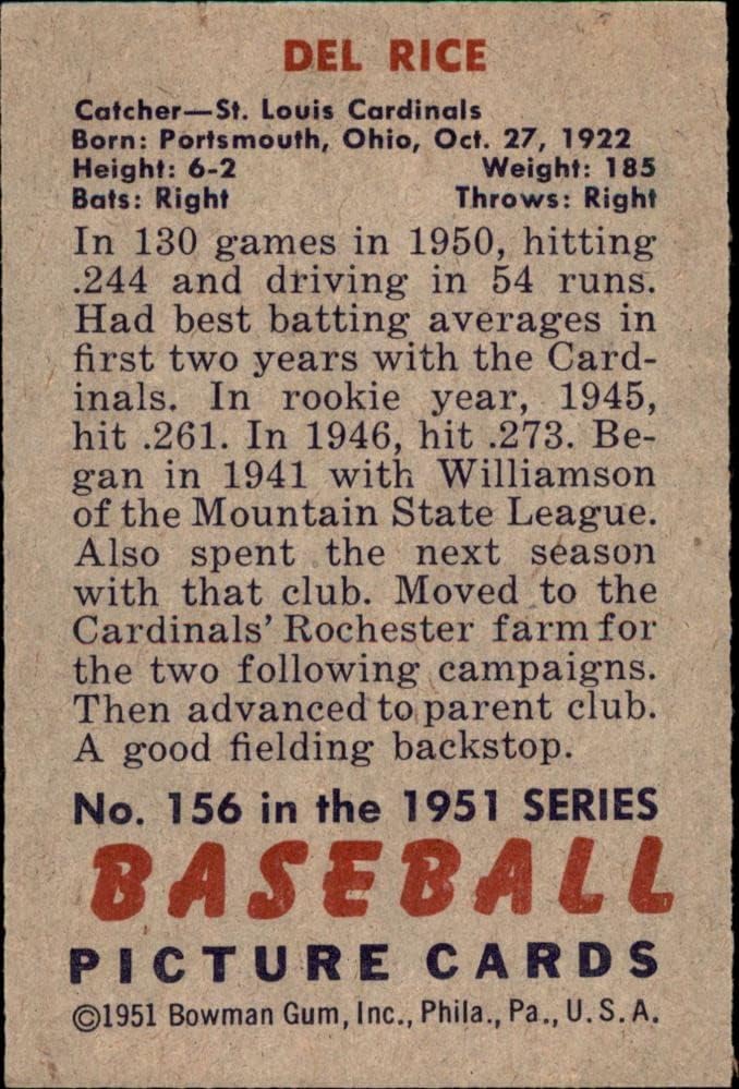 1951 Bowman 156 Del Rice St. Louis Cardinals EX/MT Cardinals