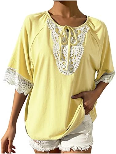 Чипка за шиење на чипка за жени летен летен обичен тркалезен врат краток ракав, цврст пулвер за боја, симпатична јазол блуза