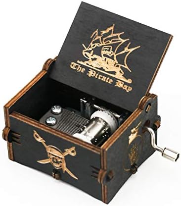 Пиратите од карипската музичка кутија со рака со рачно издлабена дрвена музичка кутија, музички подарок, играј Дејви onesонс тема, црна
