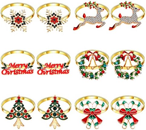 12 парчиња Божиќни салфетки прстени поставени Божиќни дрвја ирваси снегулка на венец држач за салфетка прстени за поставки за маса, празници