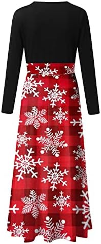 Божиќен макси фустан за жени 2022 случајна Дедо Мраз Снегулка за печатење Фустани со долги ракави Свадба гостин фустан