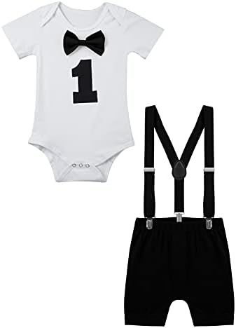Каерм новороденче бебе момче 1 -ви роденденска облека 2 парчиња со кратки ракави лак за ракави ромпер + шорцеви за суспензии