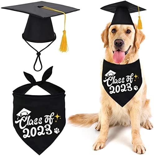 2 пакувања Капчиња за дипломирање за домашни миленици 2023 Костим за бандана со жолти тасели прилагодливи кучиња за дипломирање капи, кои