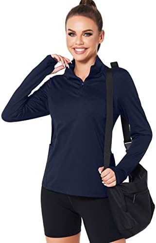 Женски UPF 50+ долги ракави кошули за голф за заштита од сонце 1/4 поштенски тениски кошула Брзо суво трчање на тренингот за пешачење