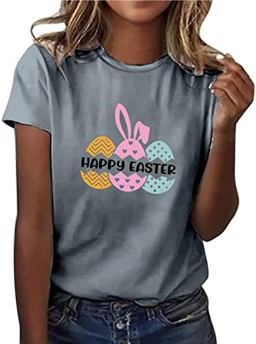 Среќни Велигденски врвови за жени смешни зајаче јајца Писма печатена маица лабава обична врата со кратки ракави за кратки ракави