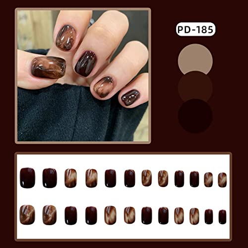 Diduikalor 24 парчиња кафеав плоштад Прес на нокти, кратки лажни нокти за еднократна употреба целосен сет на лажни нокти со лепак, акрилен француски