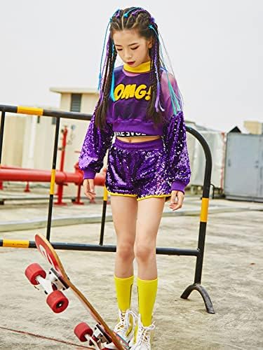 Девојки виолетова секвенциски костуми за танцување мрежи врвни шорцеви со резервоари деца хип хоп танц облека облека облека