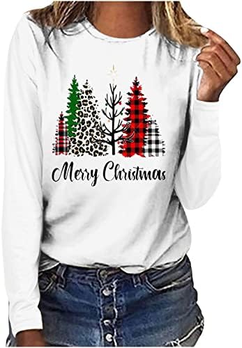 Дами Среќна Божиќна маица со долг ракав, жени Божиќ, леопард бивол, карирано дрво пуловер, врвен трендовски удобна маичка