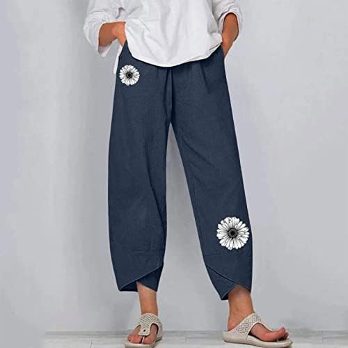 Beuенски женски памучни постелнини Еластични панталони од половината Печати плажа исечени товарни џемпери со џебни обични капри