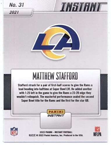 2022 Panini Instant Super Bowl LVI 31 Метју Стафорд Означете го Лос Анџелес Рамс НФЛ Фудбалска трговска картичка