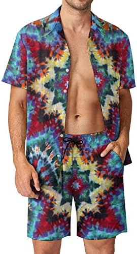 Weedkeycat Tie Dye Dye Man's Man's Beach Outfits 2 Piece Hawaiian копче надолу со кошула Краток ракав и шорцеви