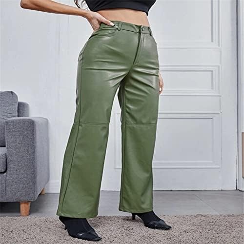 Женски PU кожни долги панталони цврсти кожни кожни високи половини со високи половини панталони гроздобер улична облека од 90 -тите со џеб