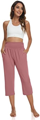 Ueенски женски високи половини капри панталони обични лабави фитинг јога панталони удобно дневно вежбање каприци џемпери со џебови