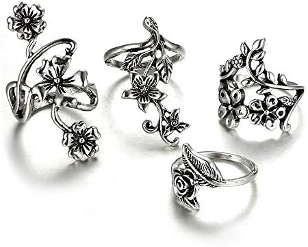 4 парчиња/сет жени боемски гроздобер сребро редење прстени, прстени поставени за жени мажи шупливи врежани цвеќиња накит
